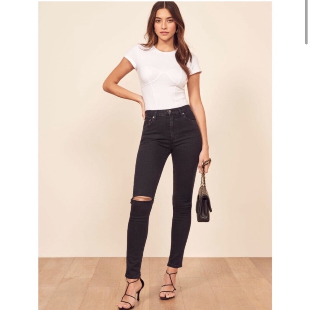 Reformation High & Skinny Jean Faded Black Destroyed Size 29